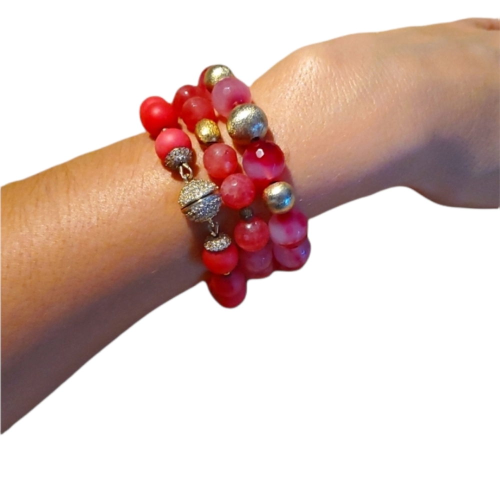 Sequin beaded bracelet, set of 3, pink